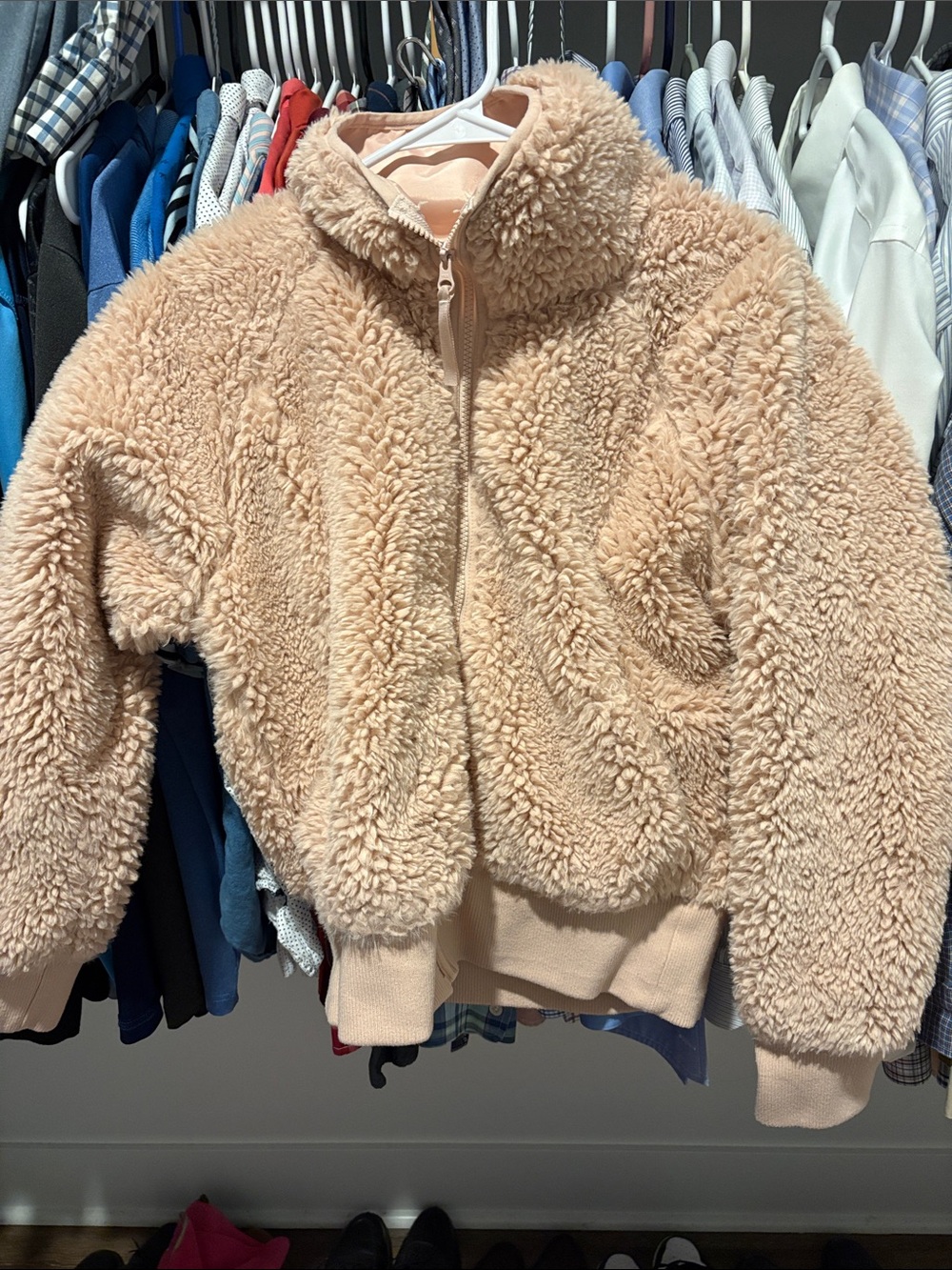 Zella Plush Teddy Zip-Up Jacket in Light Beige